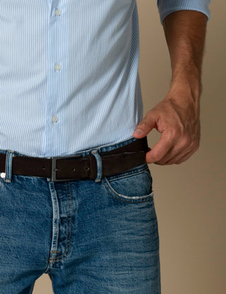 Blue stripe Italian button-down shirt, styled casual | VESTITI