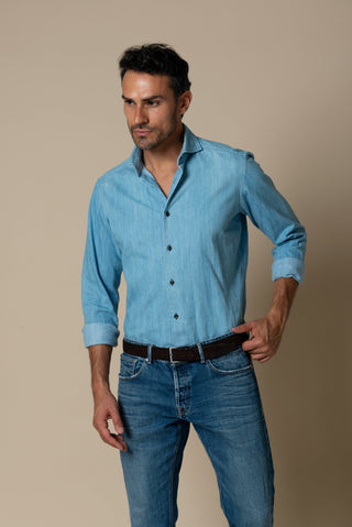 Men's Italian indigo denim shirt, front view | VESTITI