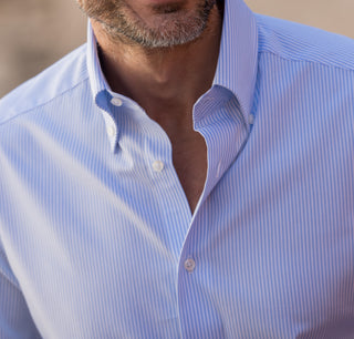 Detail of premium blue stripe Italian cotton poplin fabric on Bardi shirt
